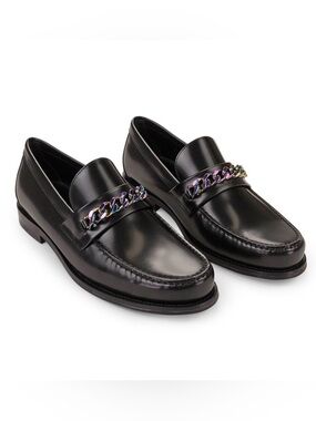 Men's Black Leather Chain-Accent Loafers